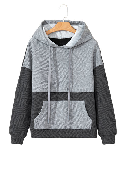 Textured Patchwork Kangaroo Pocket Drop Shoulder Hoodie – Cozy & Trendy Casual Sweatshirt for Women