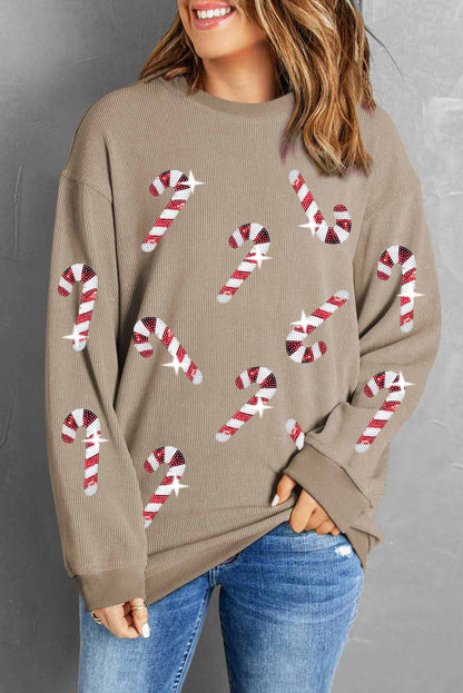 Gray Xmas Candy Cane Sequins Graphic Corded Sweatshirt Christmas Women