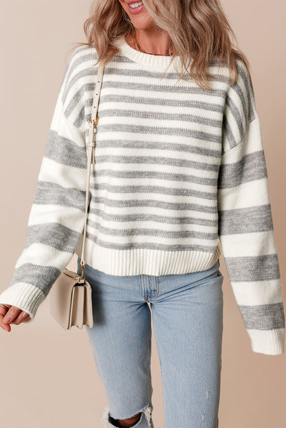 Gray Stripe Drop Shoulder Crew Neck Sweater