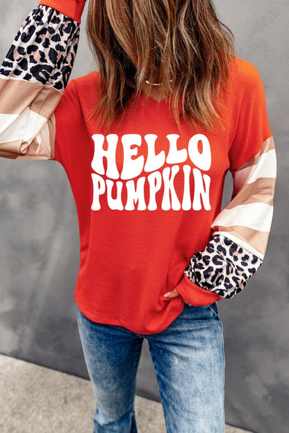 Hello Pumpkin Letter Graphic V-Neck Long Sleeve Shirt Top