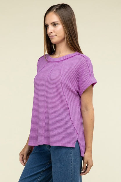 Zenana Brushed Waffle Exposed-Seam Short Sleeve Top