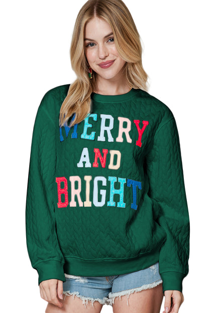 White Merry and Bright Quilted Sweatshirt Christmas Sweater Womens