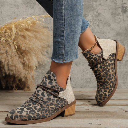 Contrast Canvas Low Heel Boots Women