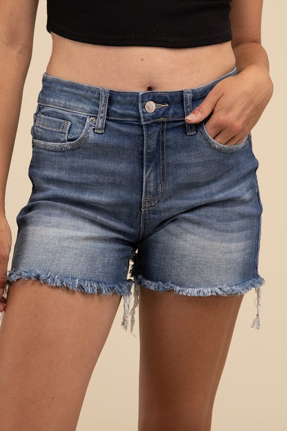 Zenana Mid Rise Raw Frayed Hem Denim Shorts