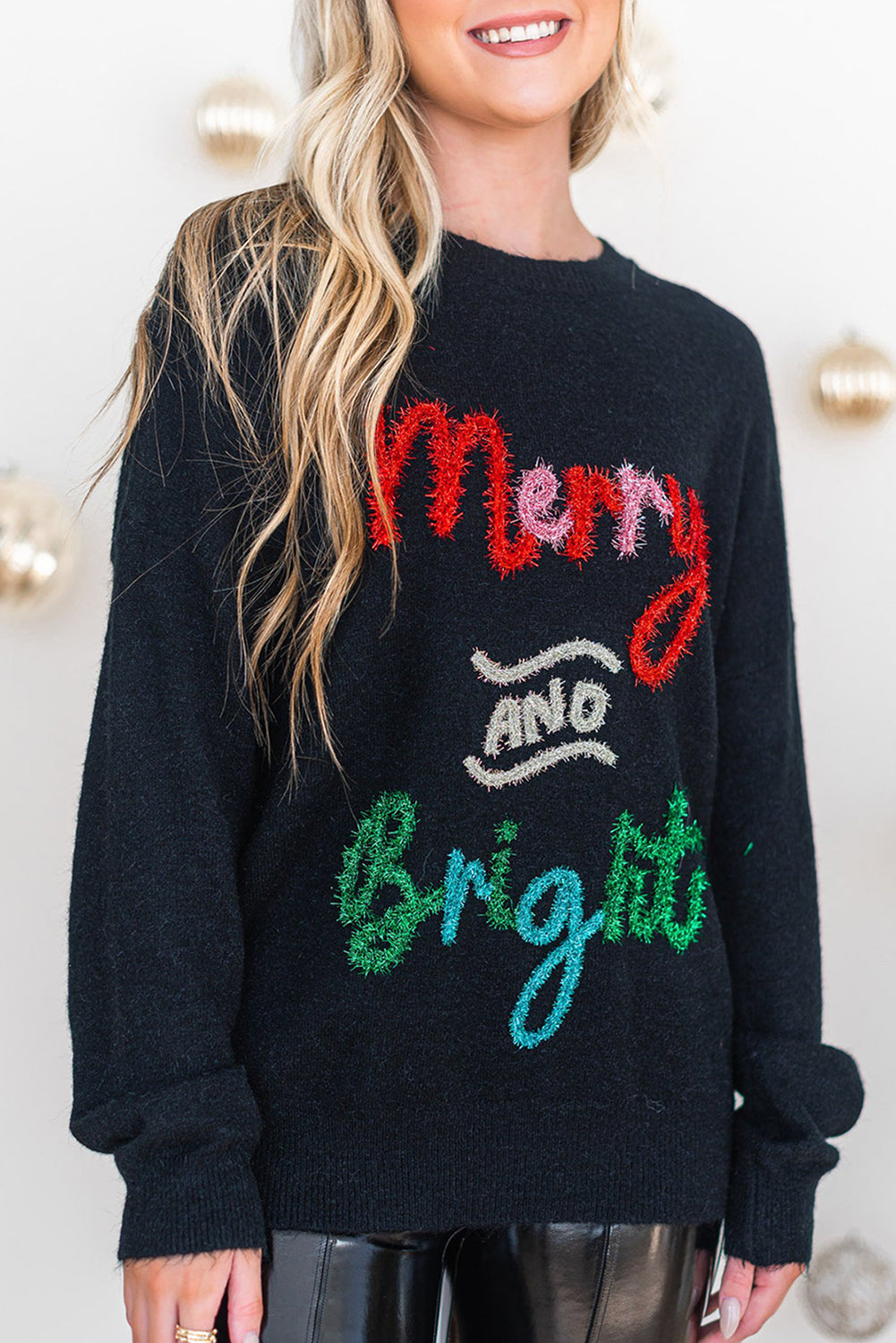 Black Christmas Tinsel Merry and Bright Graphic Sweater