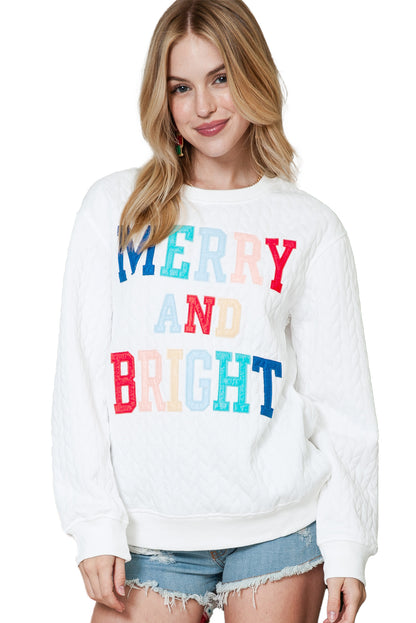 White Merry and Bright Quilted Sweatshirt Christmas Sweater Womens