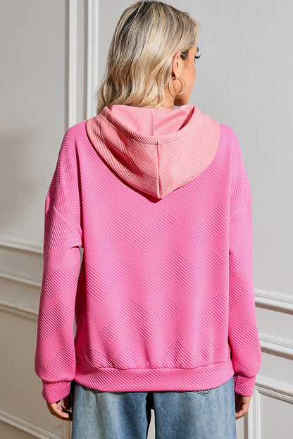 Textured Patchwork Kangaroo Pocket Drop Shoulder Hoodie – Cozy & Trendy Casual Sweatshirt for Women