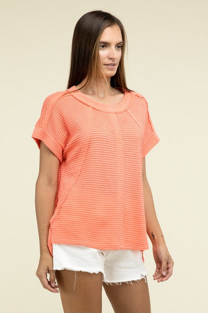 Zenana Brushed Waffle Exposed-Seam Short Sleeve Top