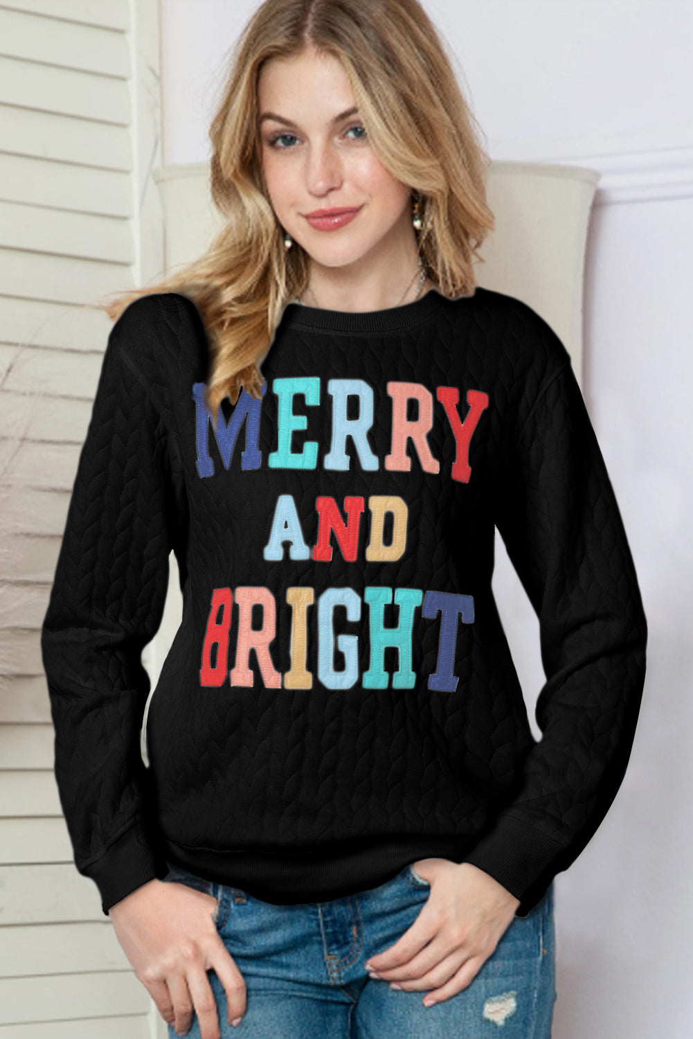 White Merry and Bright Quilted Sweatshirt Christmas Sweater Womens