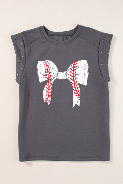 Baseball Studded Bow Graphic Round Neck Cap Sleeve T-Shirt