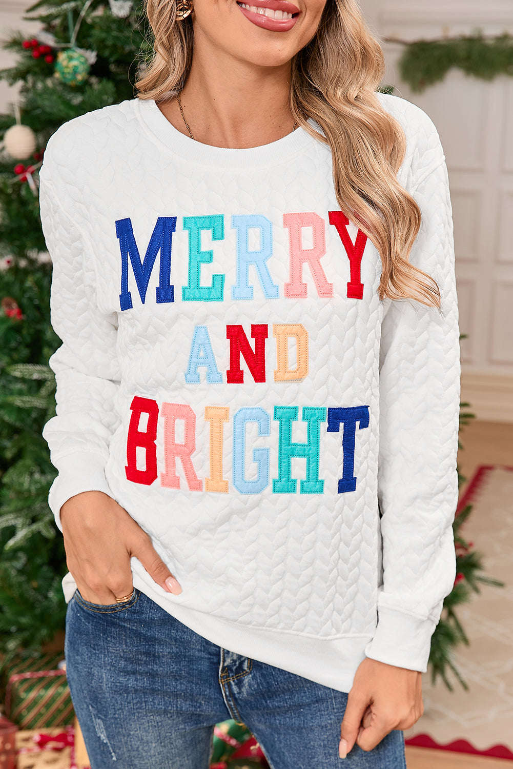 White Merry and Bright Quilted Sweatshirt Christmas Sweater Womens