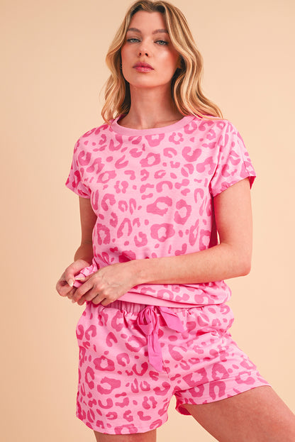 Pink Leopard Print Drawstring Shorts Loungewear Set