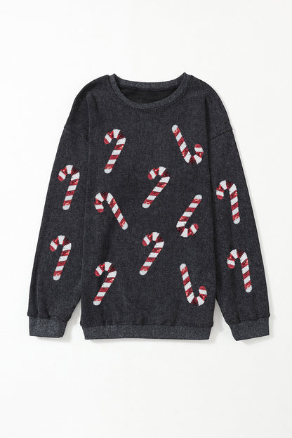 Gray Xmas Candy Cane Sequins Graphic Corded Sweatshirt Christmas Women