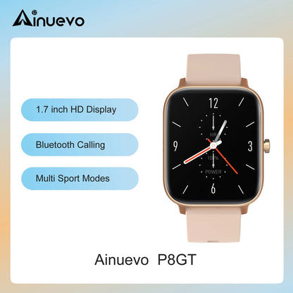 Ainuevo P8GT Bluetooth Call Smart Watch 1.7"HD Display Heart Rate Waterproof IP67 smartwatch for men women