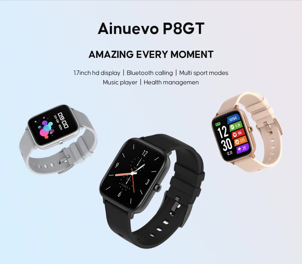 Ainuevo P8GT Bluetooth Call Smart Watch 1.7"HD Display Heart Rate Waterproof IP67 smartwatch for men women