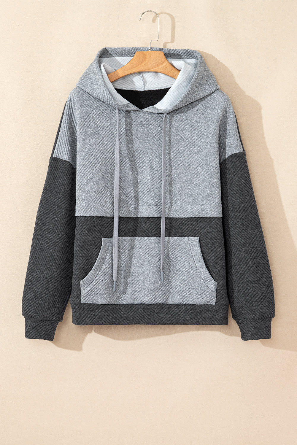 Textured Patchwork Kangaroo Pocket Drop Shoulder Hoodie – Cozy & Trendy Casual Sweatshirt for Women