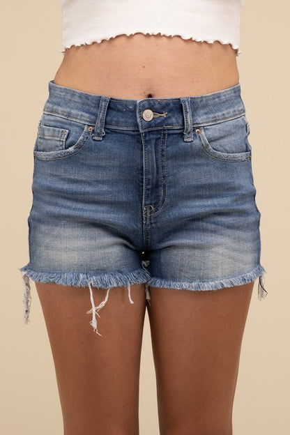 Zenana Mid Rise Raw Frayed Hem Denim Shorts Women Jeans