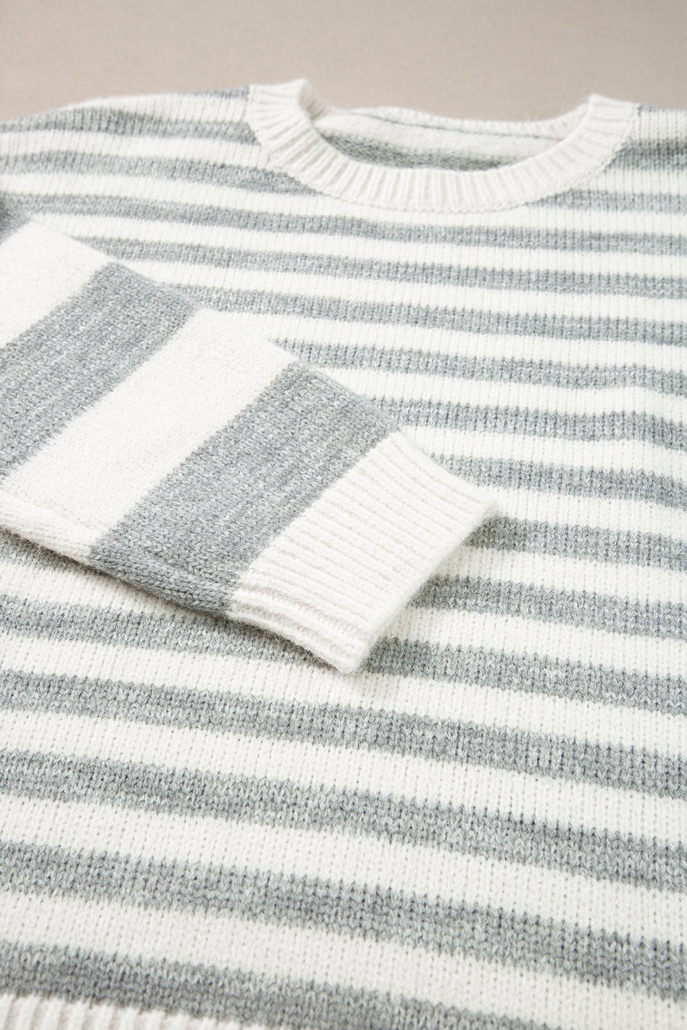 Gray Stripe Drop Shoulder Crew Neck Sweater