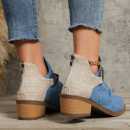 Contrast Canvas Low Heel Boots Women