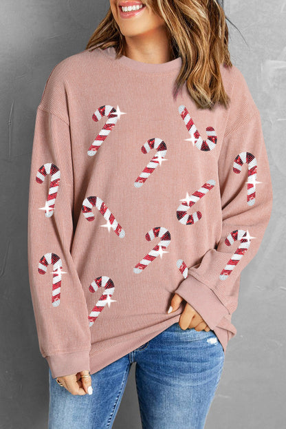 Gray Xmas Candy Cane Sequins Graphic Corded Sweatshirt Christmas Women