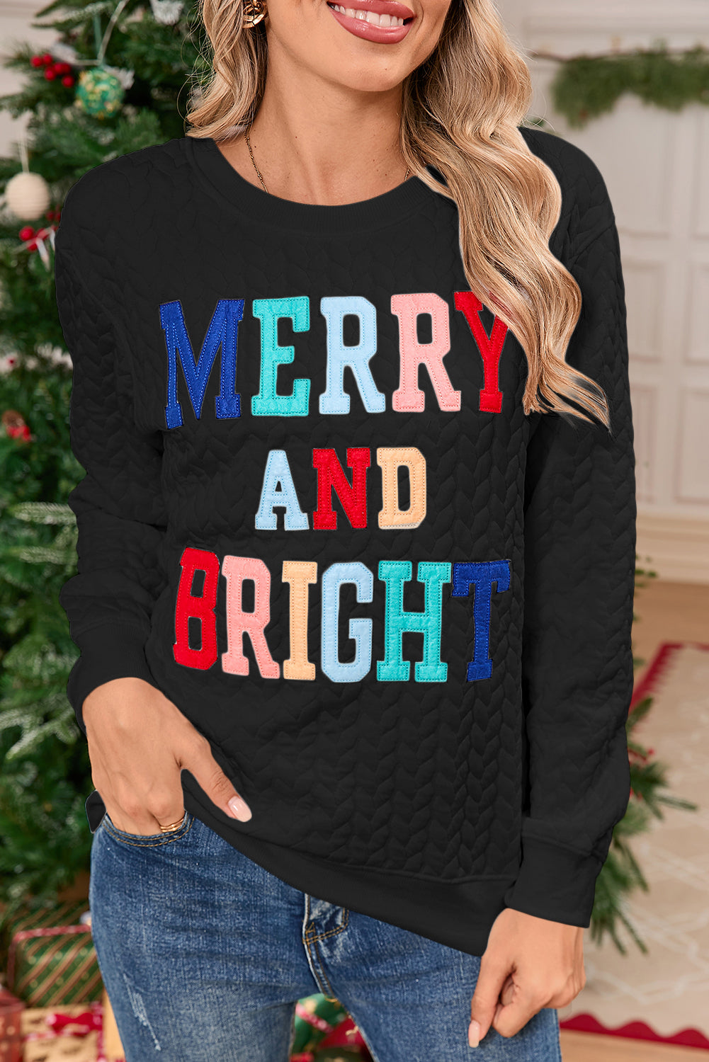 White Merry and Bright Quilted Sweatshirt Christmas Sweater Womens