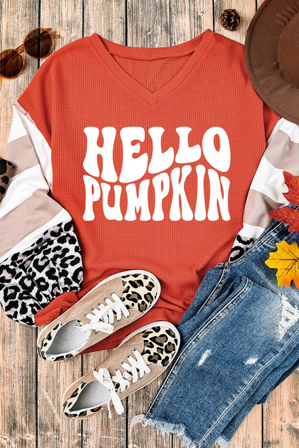 Hello Pumpkin Letter Graphic V-Neck Long Sleeve Shirt Top