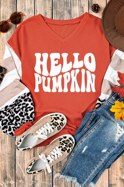 Hello Pumpkin Letter Graphic V-Neck Long Sleeve Shirt Top