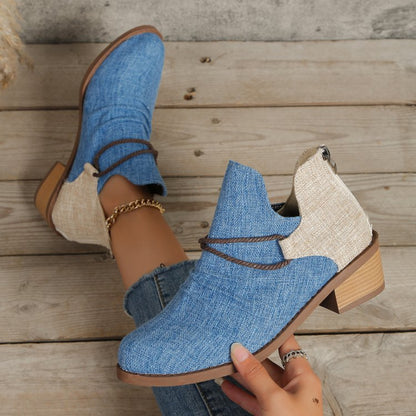 Contrast Canvas Low Heel Boots Women