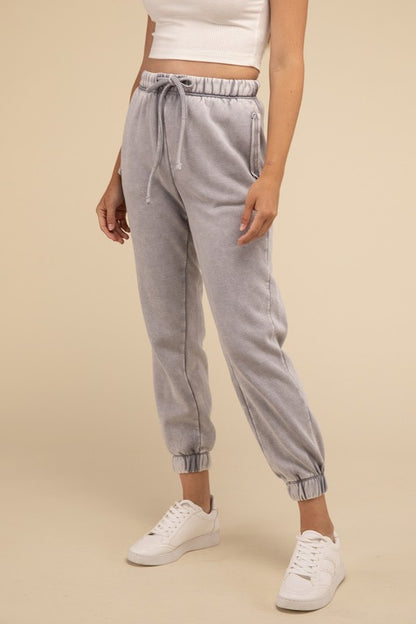 Zenana Acid Wash Fleece Sweatpants with Pockets