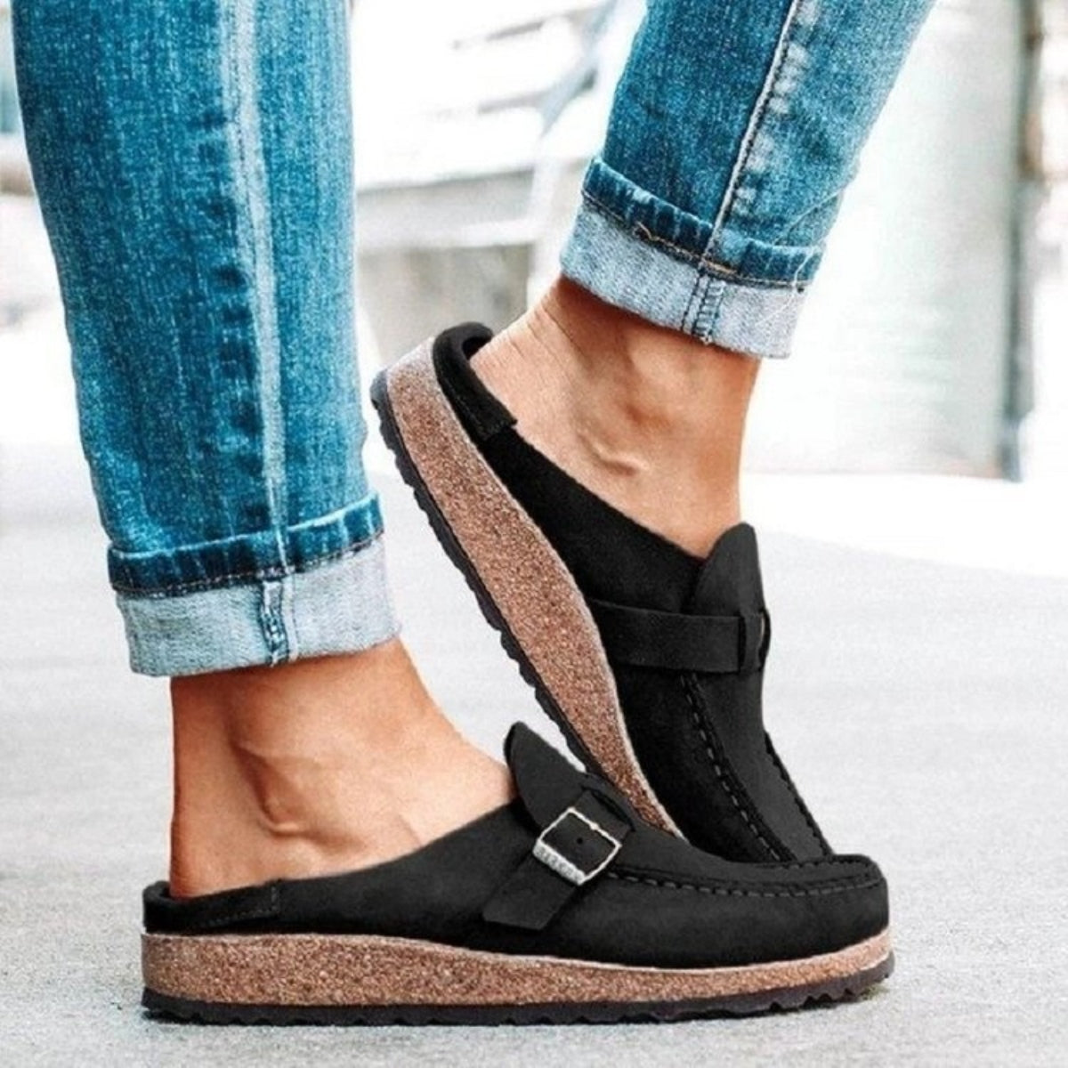 Round Toe Low Heel Buckle Slip On Shoes Loafers Clogs