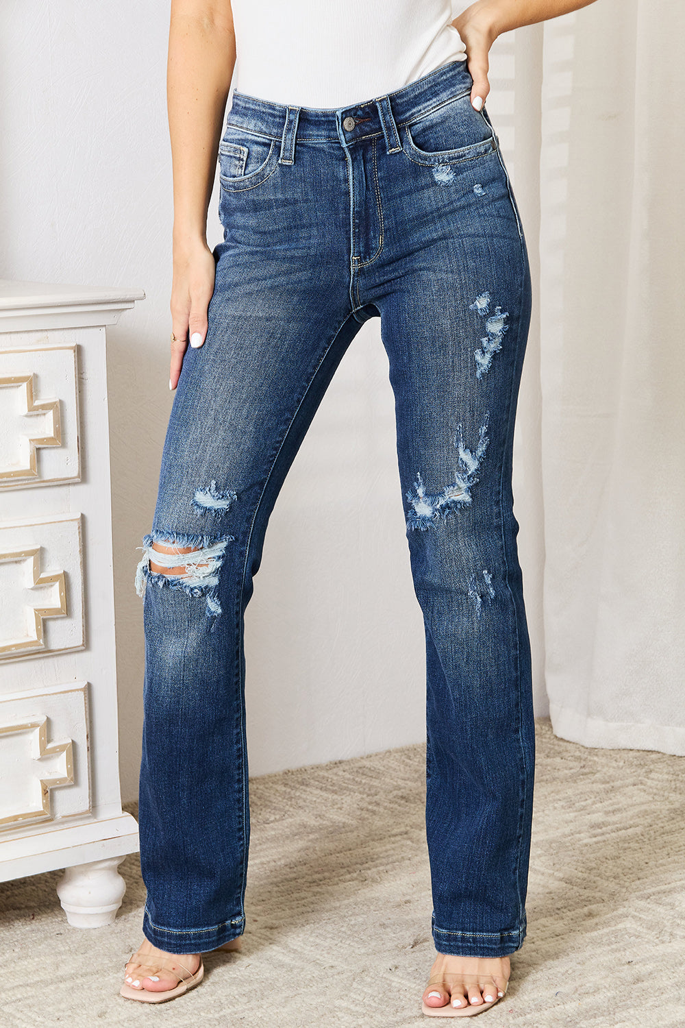 Judy Blue Full Size Mid Rise Hand Sand & Destroy Bootcut Jeans - 82541