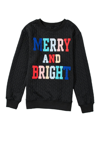 White Merry and Bright Quilted Sweatshirt Christmas Sweater Womens