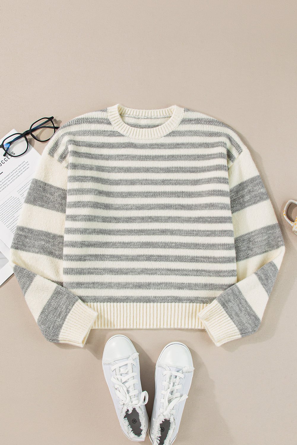 Gray Stripe Drop Shoulder Crew Neck Sweater