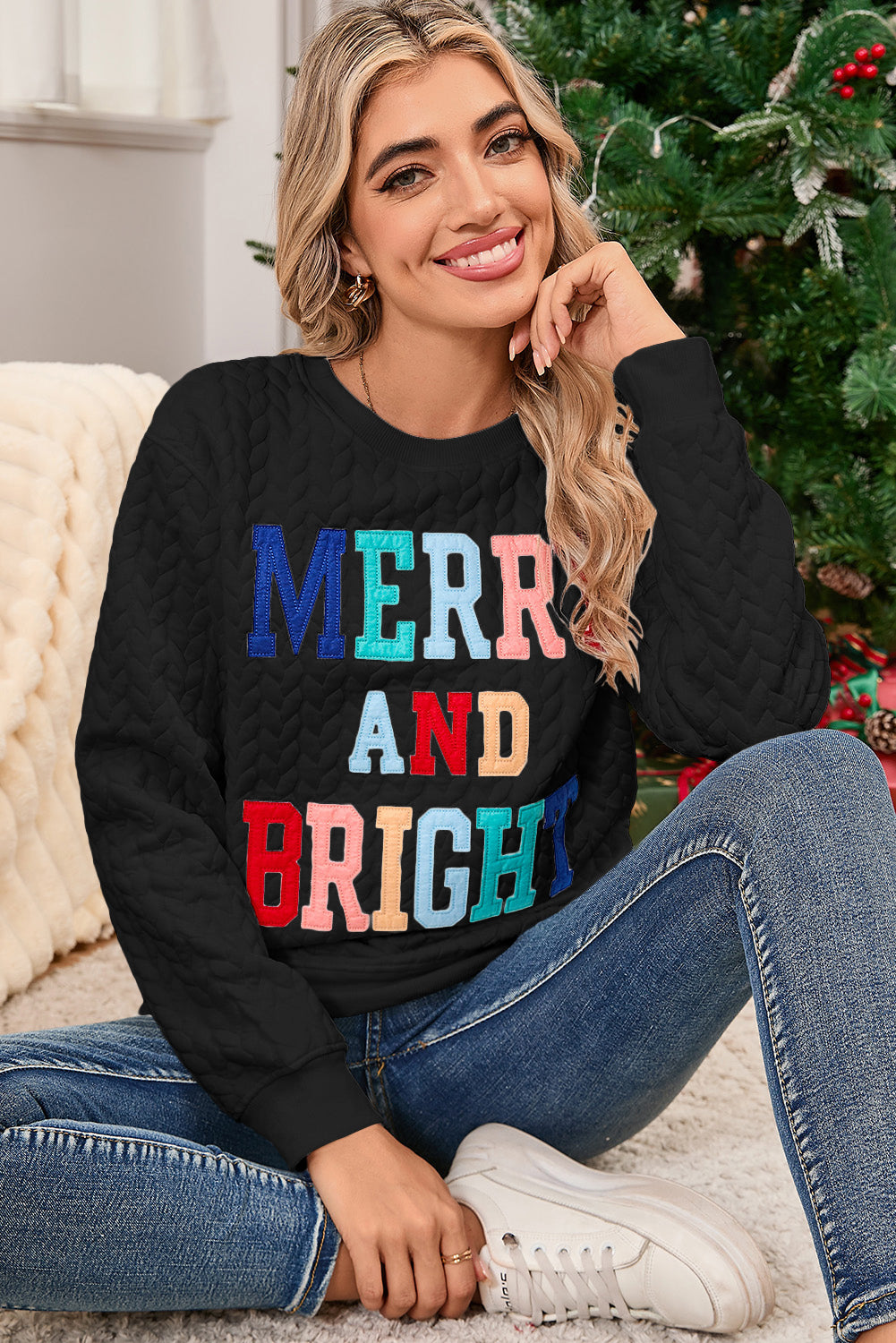 White Merry and Bright Quilted Sweatshirt Christmas Sweater Womens