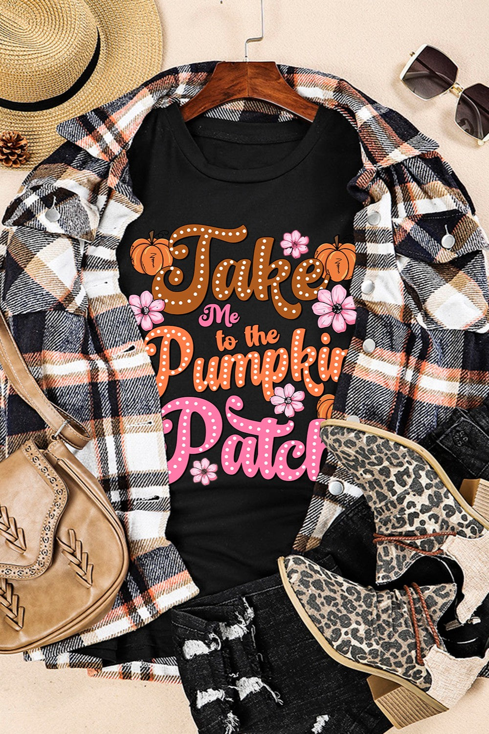 Take Me To The Pumpkin Patch Letter Graphic Round Neck Short Sleeve T-Shirt