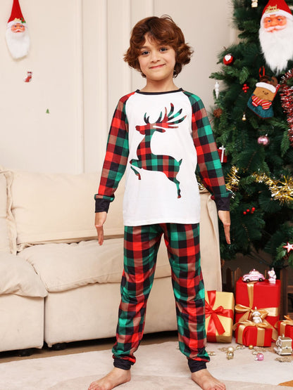 Kids Reindeer Matching Christmas Graphic Top and Plaid Pants Set Youth