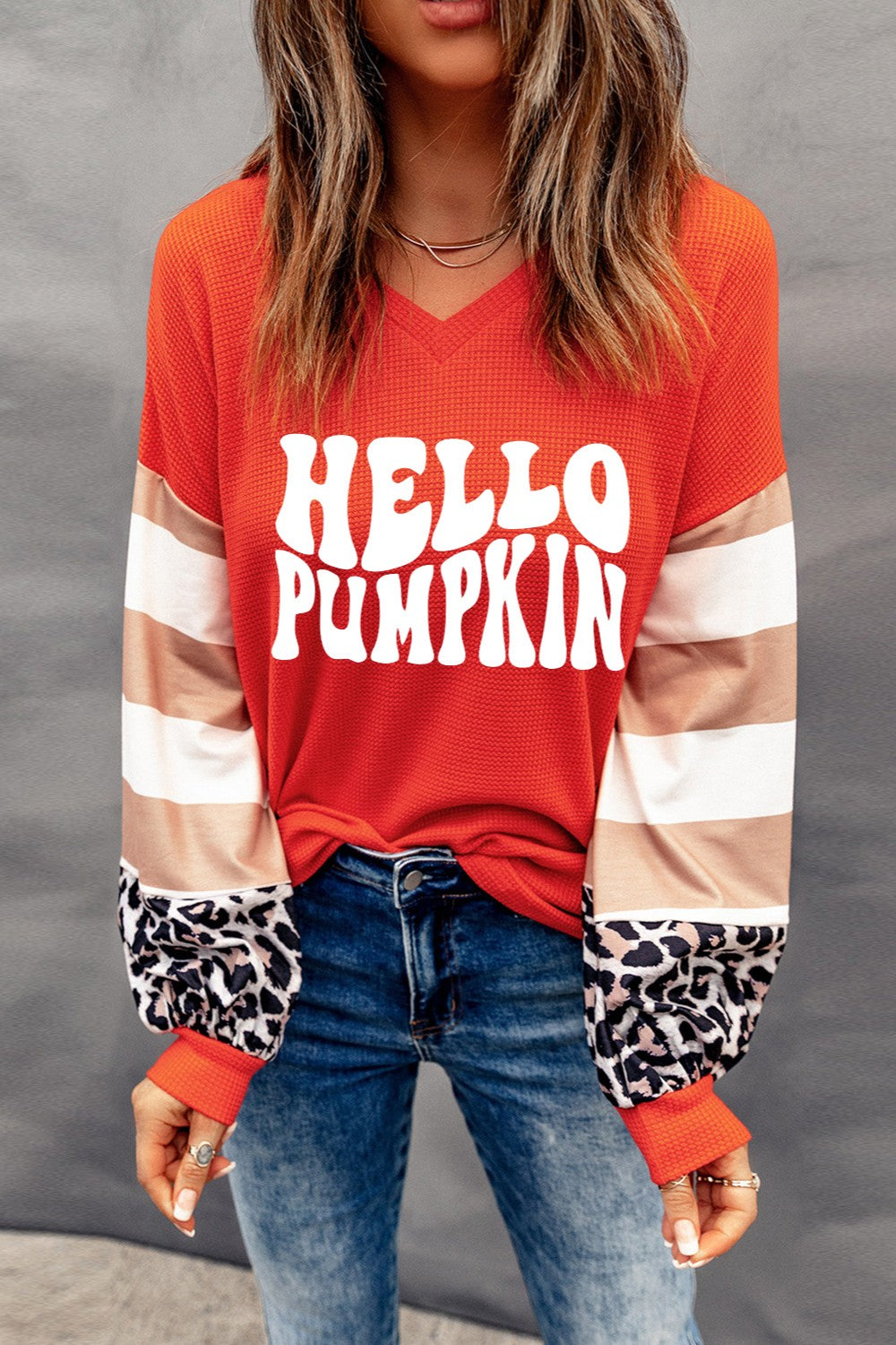 Hello Pumpkin Letter Graphic V-Neck Long Sleeve Shirt Top