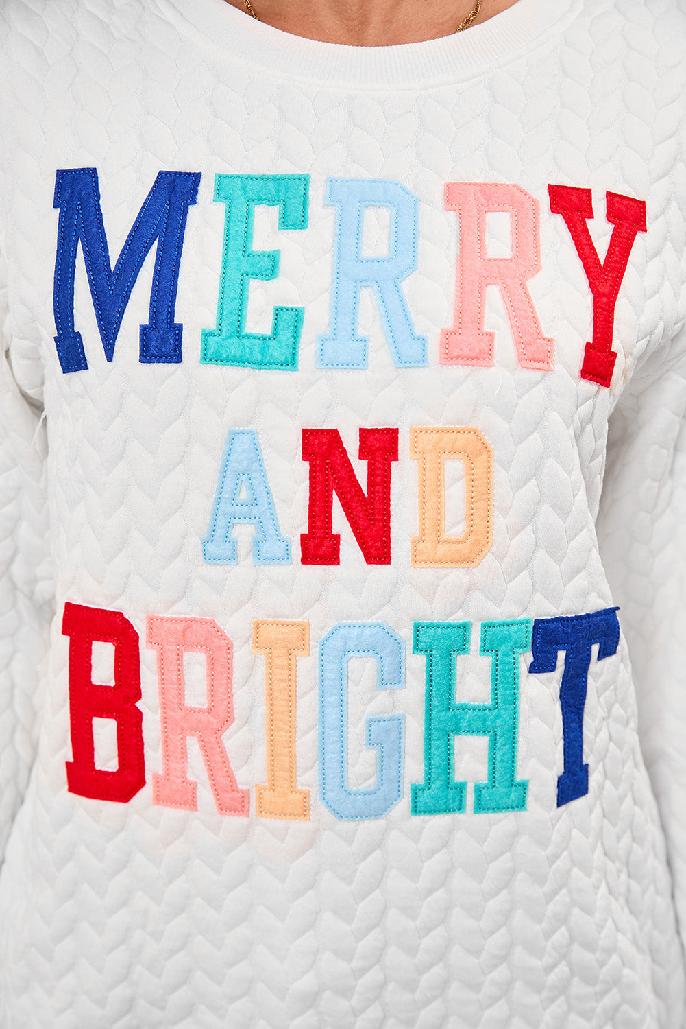 White Merry and Bright Quilted Sweatshirt Christmas Sweater Womens