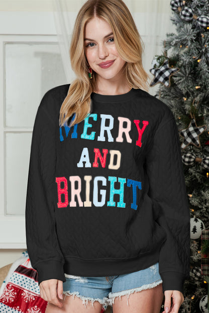 White Merry and Bright Quilted Sweatshirt Christmas Sweater Womens