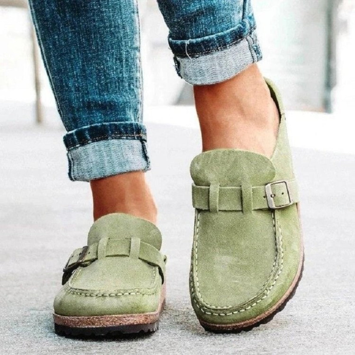 Round Toe Low Heel Buckle Slip On Shoes Loafers Clogs