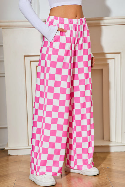 Bonbon Checkered Print High Waist Wide Leg Pants