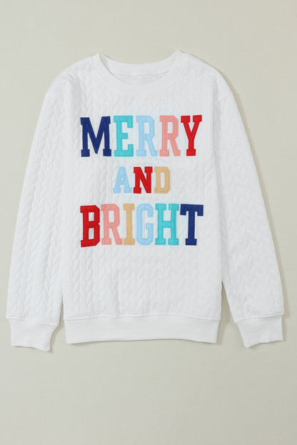 White Merry and Bright Quilted Sweatshirt Christmas Sweater Womens