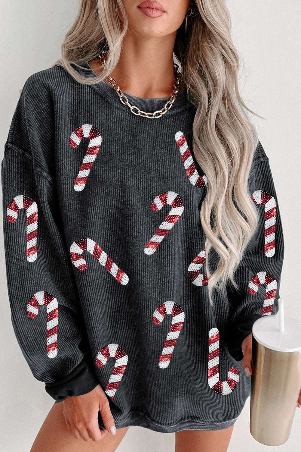 Gray Xmas Candy Cane Sequins Graphic Corded Sweatshirt Christmas Women