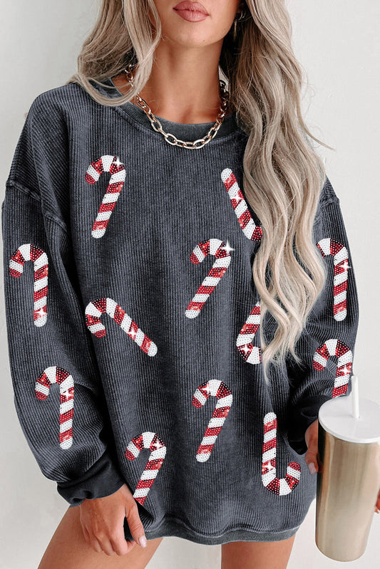 Gray Xmas Candy Cane Sequins Graphic Corded Sweatshirt Christmas Women