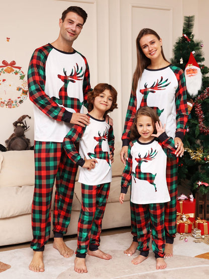 Kids Reindeer Matching Christmas Graphic Top and Plaid Pants Set Youth