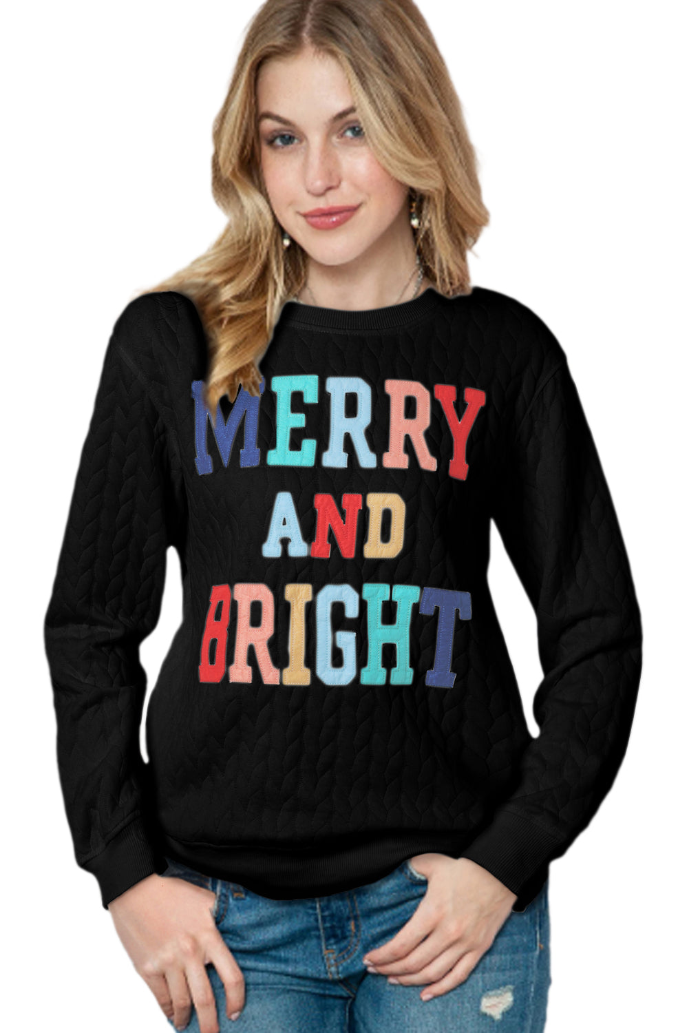 White Merry and Bright Quilted Sweatshirt Christmas Sweater Womens