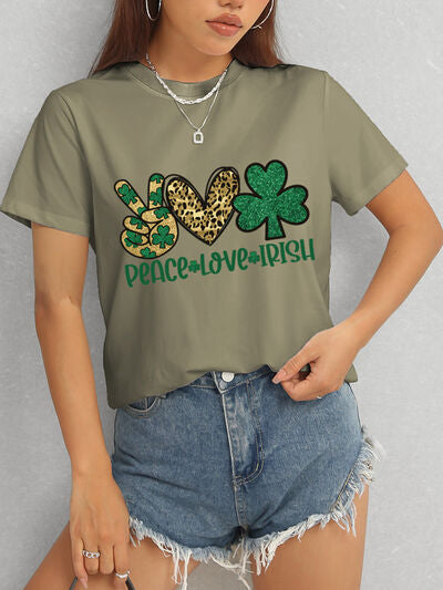 PEACE LOVE IRISH Round Neck Short Sleeve T-Shirt St Patrick Day Shirt St Patty