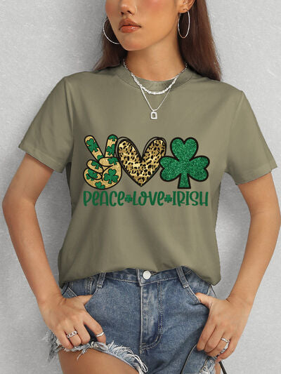 PEACE LOVE IRISH Round Neck Short Sleeve T-Shirt St Patrick Day Shirt St Patty