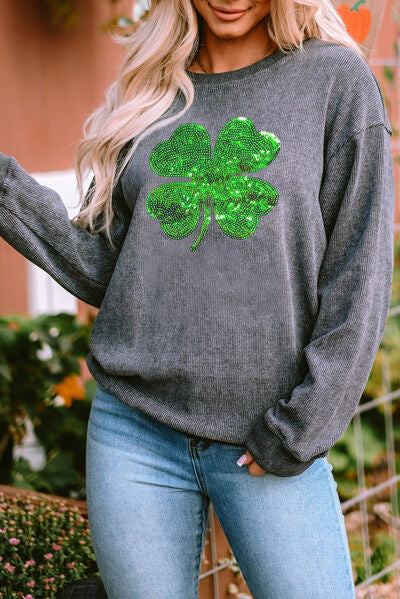 St Patty Day Lucky Clover Sequin Round Neck Sweatshirt