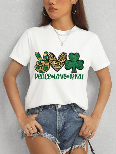 PEACE LOVE IRISH Round Neck Short Sleeve T-Shirt St Patrick Day Shirt St Patty